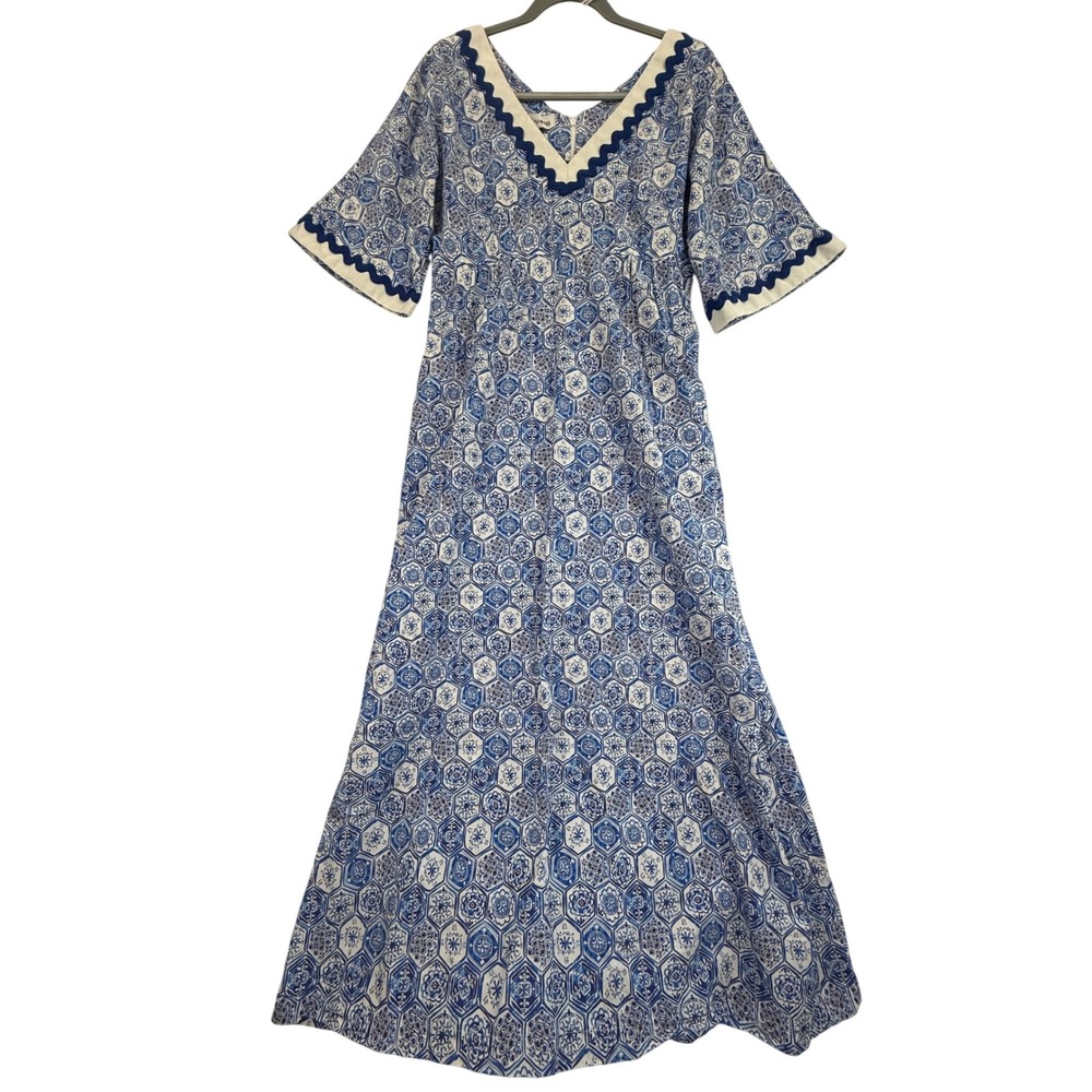 Sara Campbell Women's Maxi Dress Small Blue White Tile Print Cotton USA Made